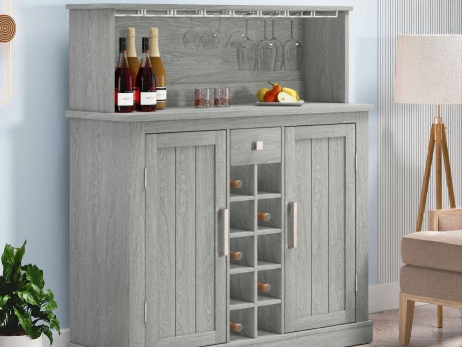 Buffet Bar Cabinet w/ Wine Rack & Granite Pattern Countertop