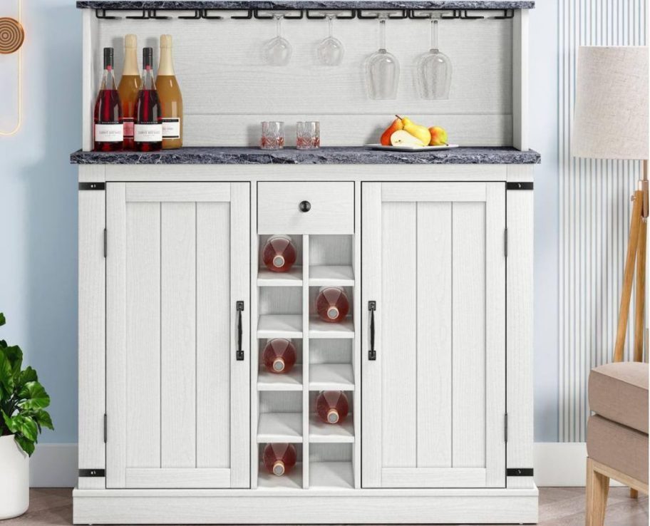 Buffet Bar Cabinet w/ Wine Rack & Granite Pattern Countertop