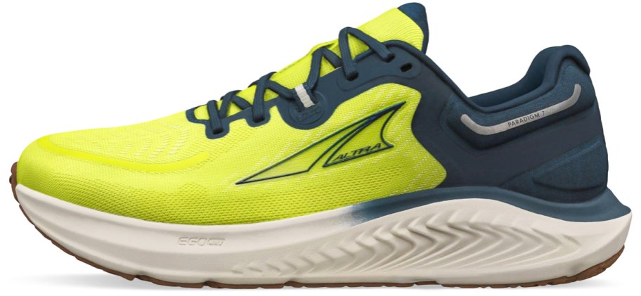 bright yellow and navy blue running shoe