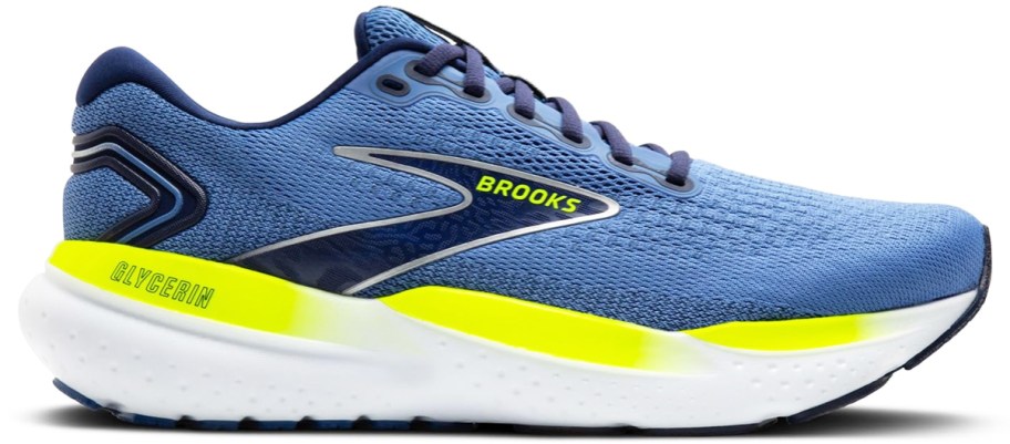 blue and yellow running shoe