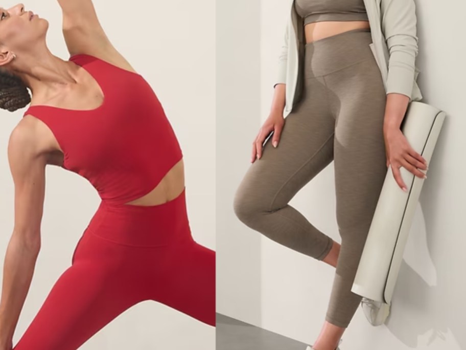 woman stretching backwards wearing a red long sports bra top and leggings and woman wearing tan leggings and a tan sports bra holding a yoga mat