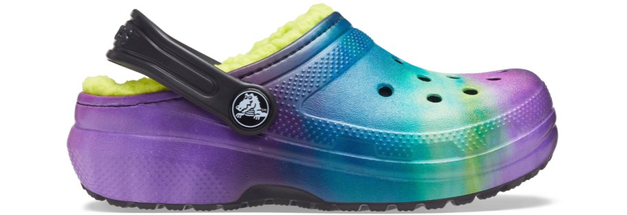 purple, blue, and green clog with green fuzzy lining