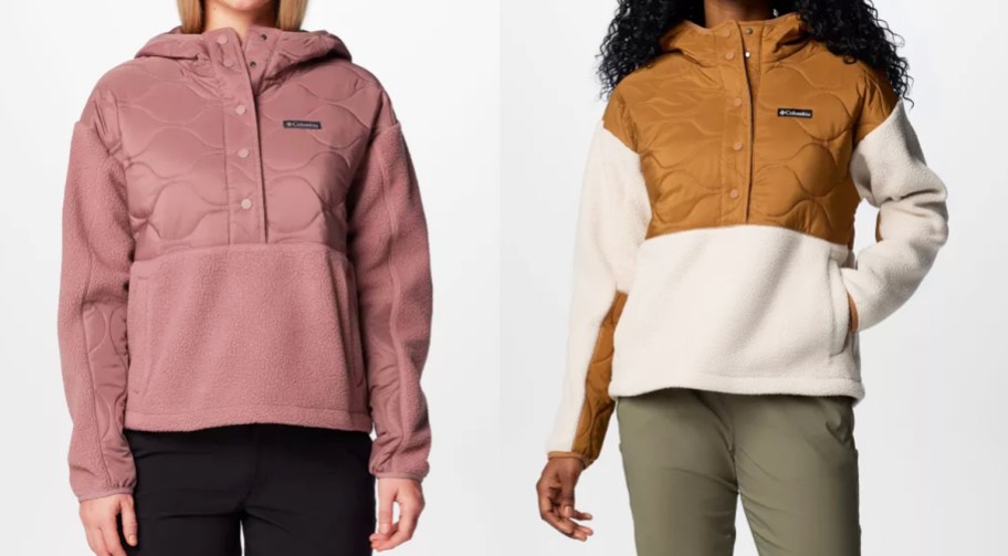 two women in pink and brown/white fleece jackets