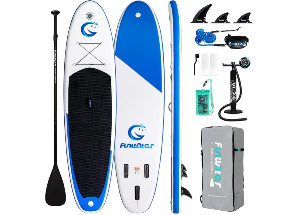 blue and white paddleboard