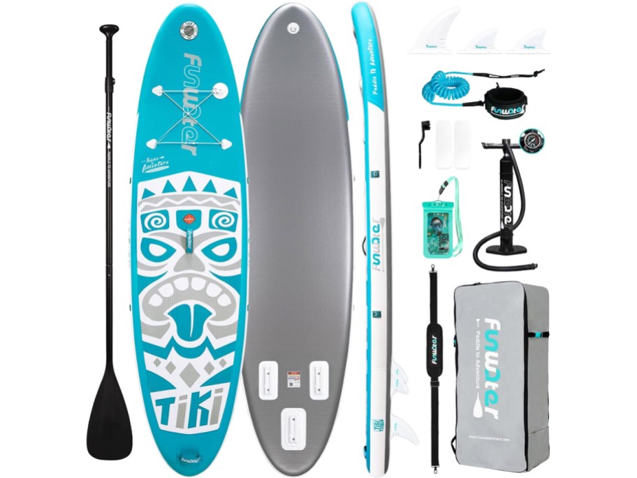 teal, grey, and white paddleboard with accessories