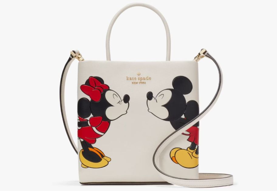 small white tote bag with mickey and minnie motif