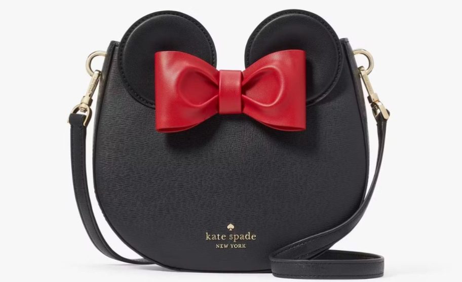 small black crossbody bag with mouse ears and red bow