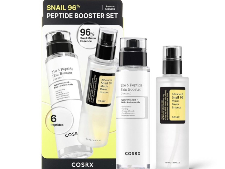 a box with a COSRX Peptide Booster Set image on it and 2 clear bottles of COSRX Skincare next to it