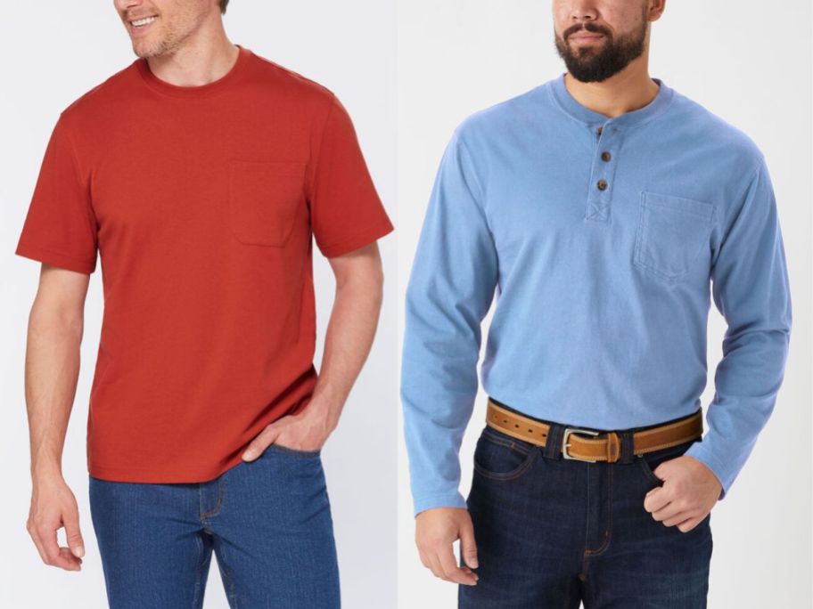 two men: one in a red t-shirt and the other in a long-sleeved blue shirt