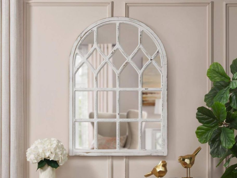 Home Decorators Collection Medium Arched White Windowpane Antiqued Classic Accent Mirror on wall