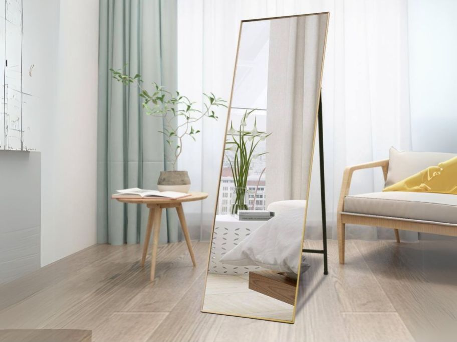 Huovtr Lseeka Modern Rectangle Metal Framed Golden Full-Length Standing Mirror in bedroom