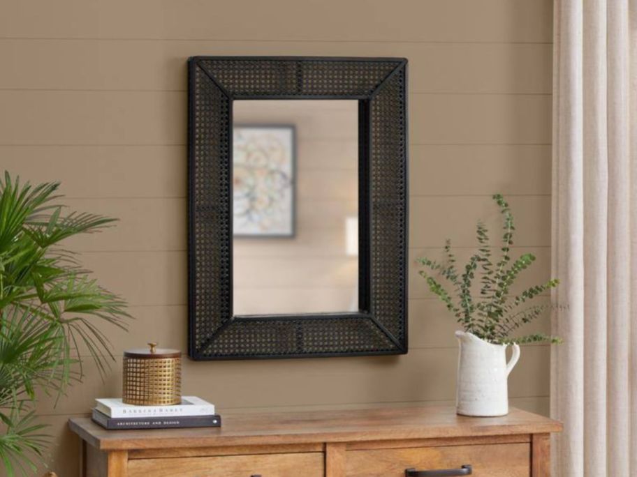 Home Decorators Collection Medium Rectangle Black Rattan & Cane Mirror on wall