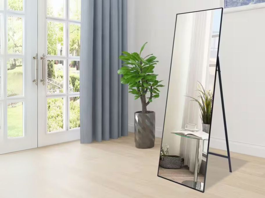 TA Black Modern Rectangle Metal Framed Full-Length Standing Mirror in bedroom