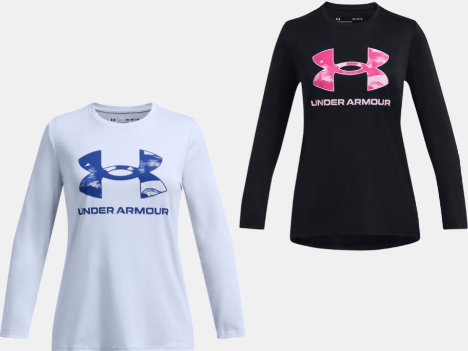 Stock images of two Under Armour Girl's UA Tech Logo Long Sleeve Tees