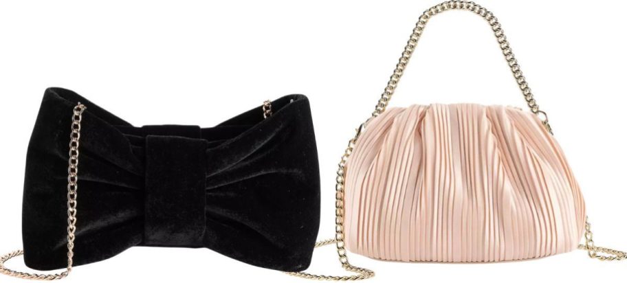 a bow shaped crossbody bag shown with a blush colored crossbody