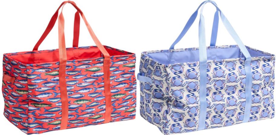 two colorfully patterned car totes