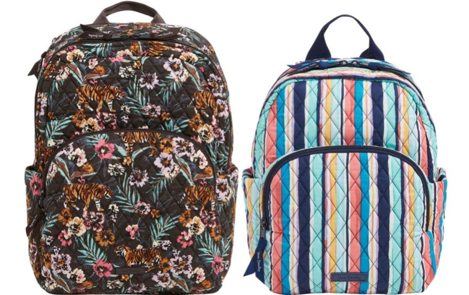 two quilted backpacks in colorful prints stock images