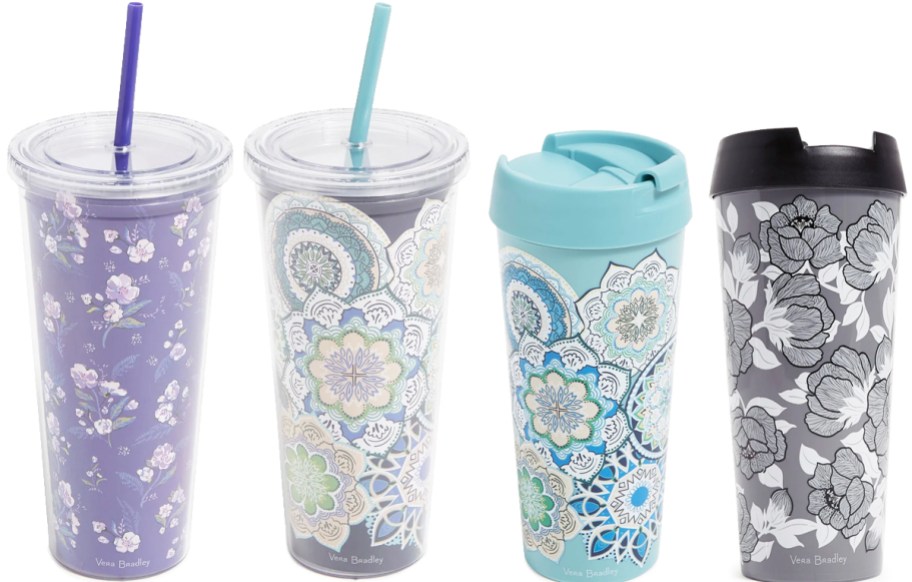 two tumblers and two travel coffee mugs