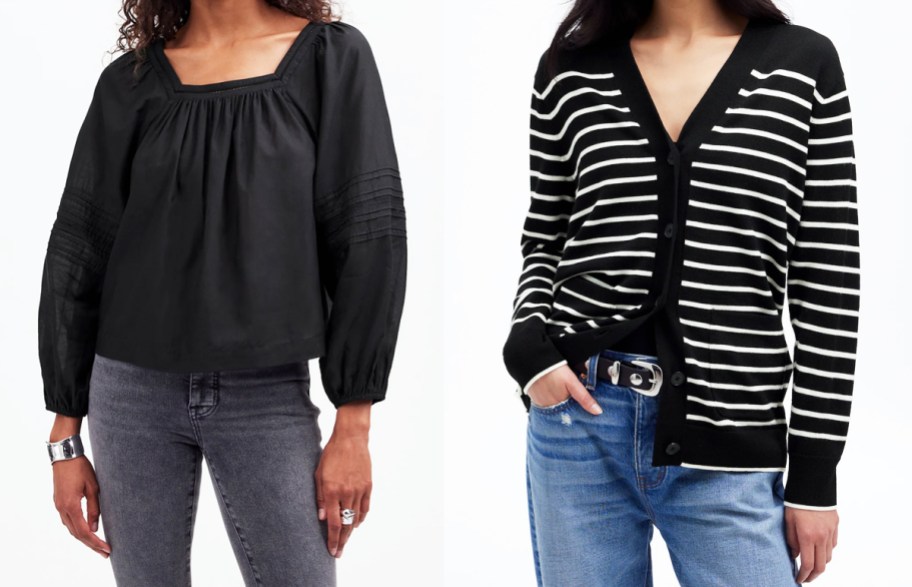 woman in black long sleeve top and woman in black striped sweater