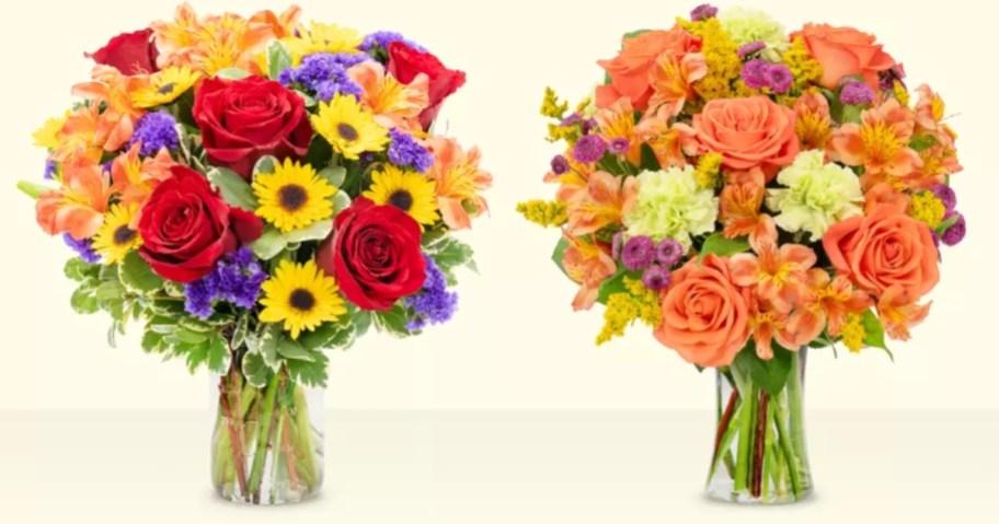 two vases of flowers, one has red roses, sunflowers, and purple and peach flowers, the other has peach roses and cream and purple flowers