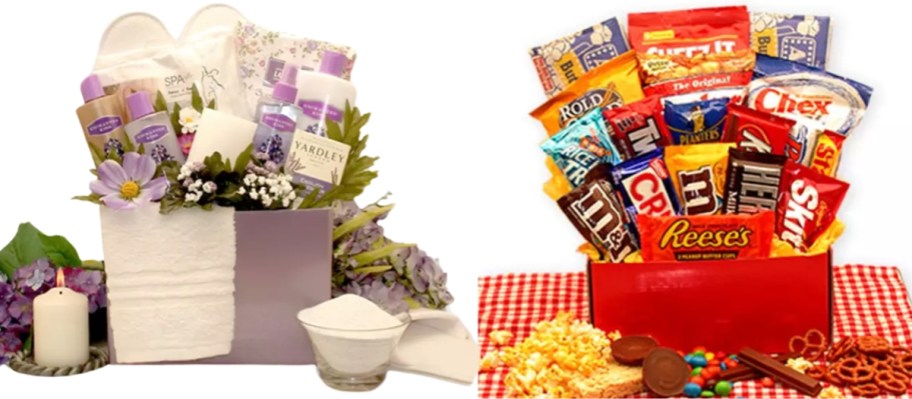 2 gift baskets side by side, one is light purple and has candles, shower gel and bath items, the other is red and filled with snacks like candy bars and popcorn