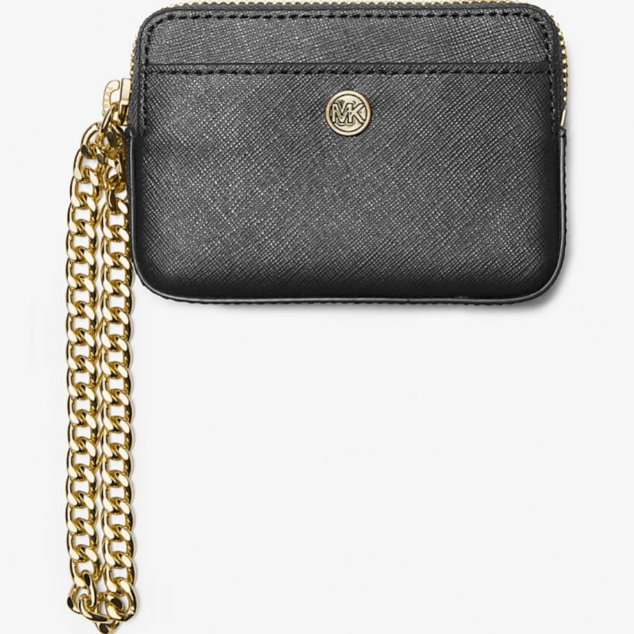 a leather card case with a gold chain strap.