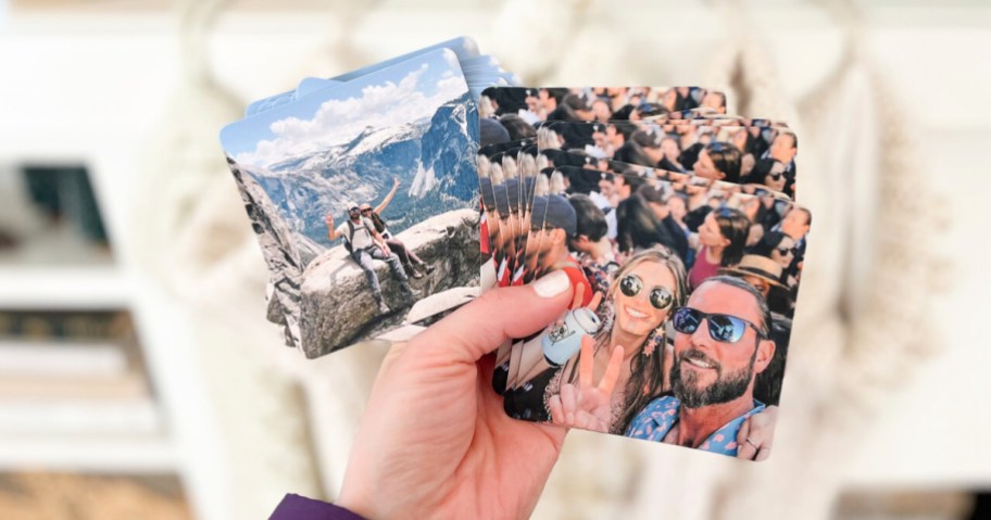 walgreens photo coasters in a woman's hand