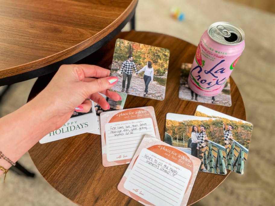 walgreens custom photo coaster in a woman's hand hel