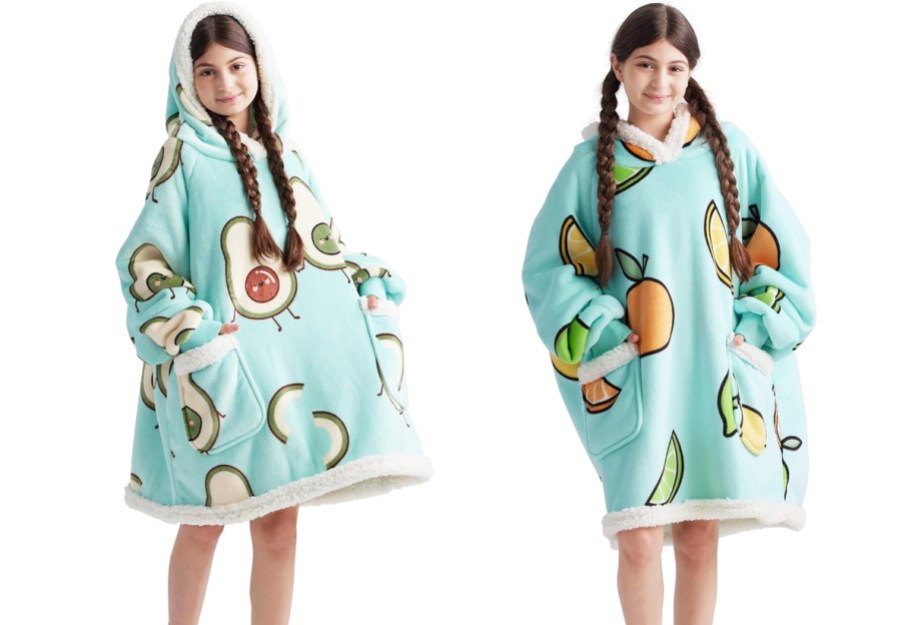 two girls in avocado and citrus print blanket hoodies