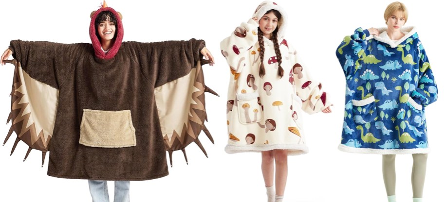 three people in turkey, mushroom, and dinosaur print blanket hoodies