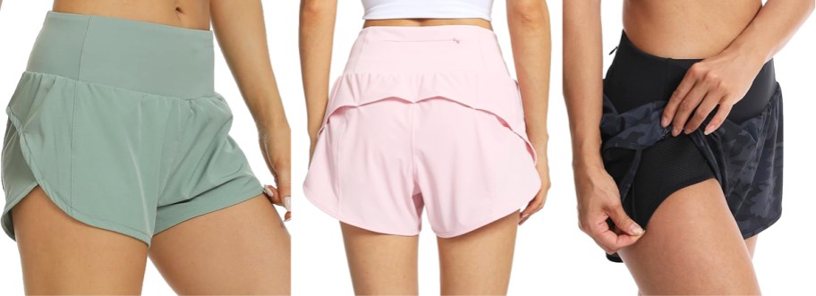 three women showing different views of green, pink, and black running shorts