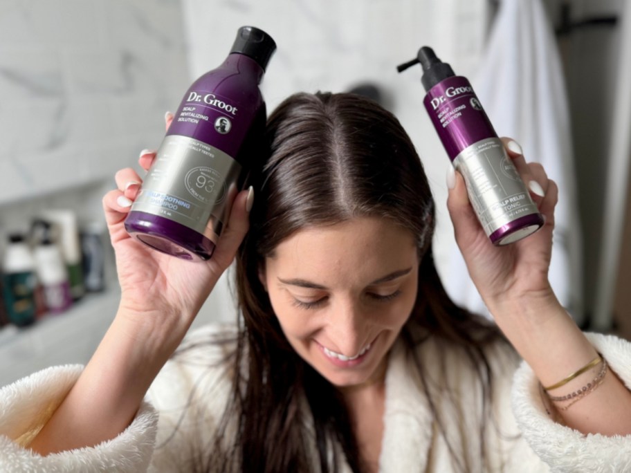 Dr groot revitalizing hair care with woman showing scalp