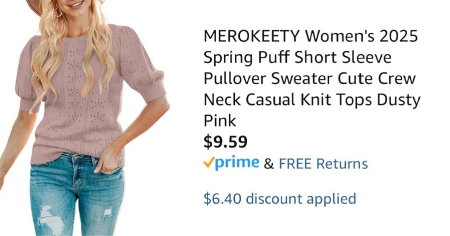 woman wearing pink sweater next to Amazon pricing information