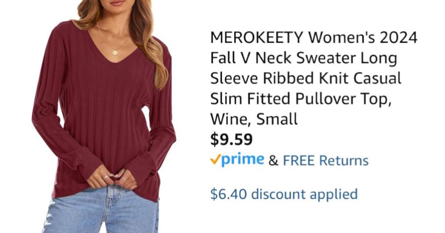 woman wearing red sweater next to Amazon pricing information