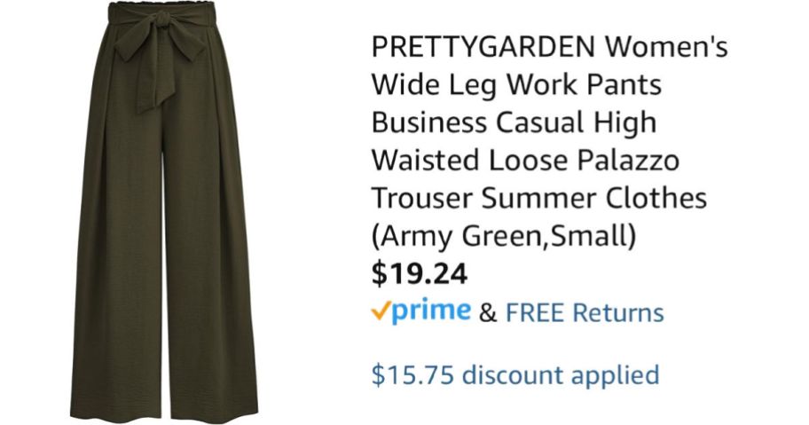 green wide leg pants next to Amazon pricing information