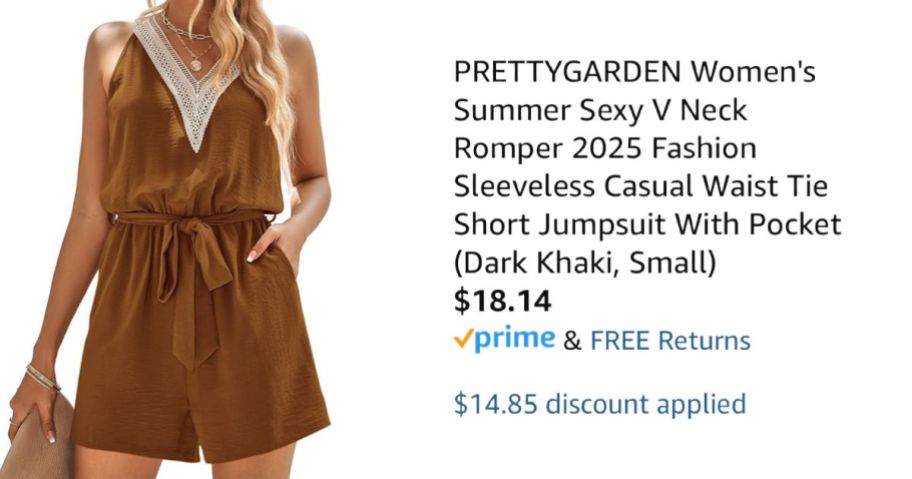 woman wearing tan romper next to Amazon pricing information