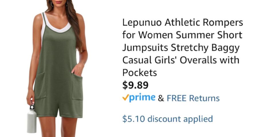 woman wearing green romper next to Amazon pricing information