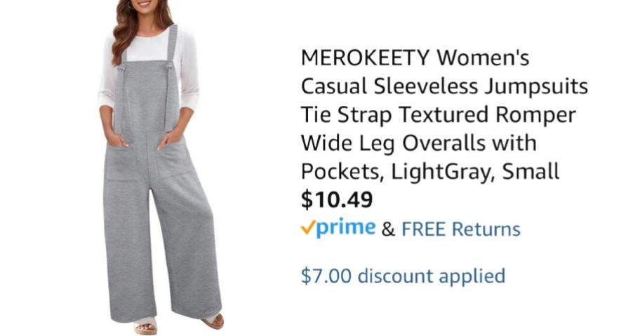 woman wearing gray jumpsuit next to Amazon pricing information