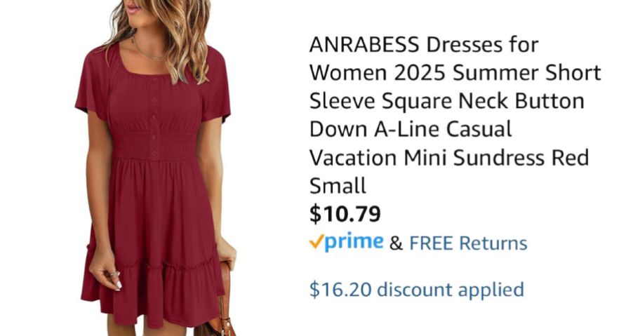 woman wearing red dress next to Amazon pricing information