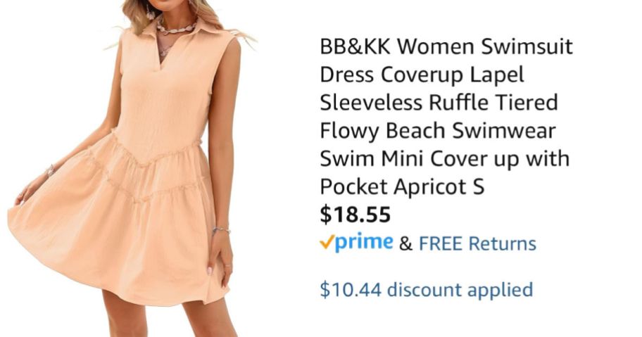 woman wearing apricot-colored dress next to Amazon pricing information