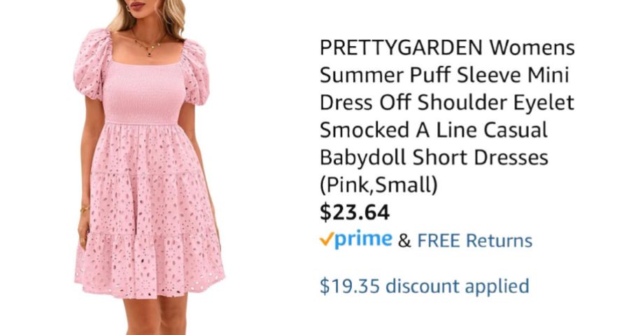 woman wearing pink dress next to Amazon pricing information