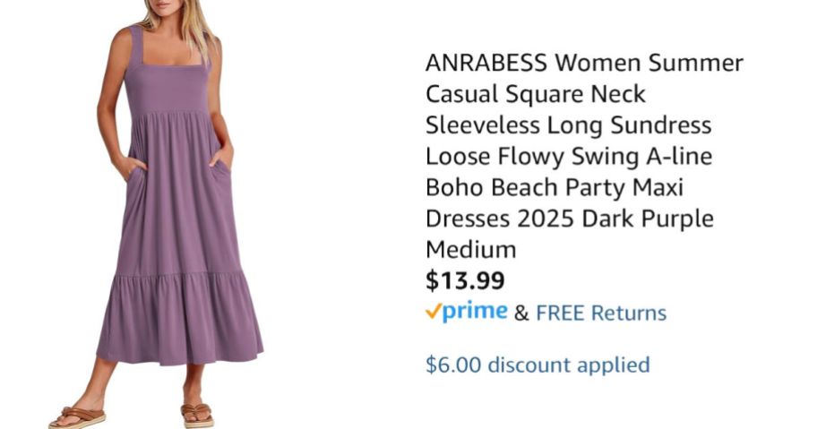 woman wearing purple dress next to Amazon pricing information