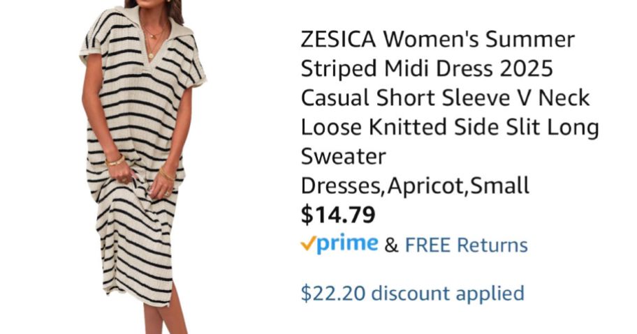 woman wearing striped dress next to Amazon pricing information