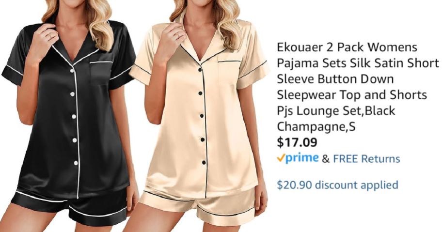 two women wearing silk pajamas next to Amazon pricing information