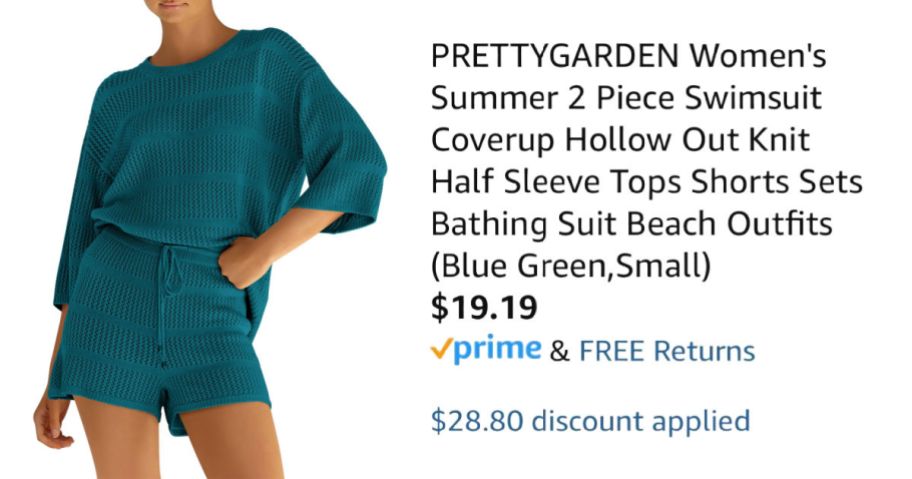 woman wearing green lounge set next to Amazon pricing information