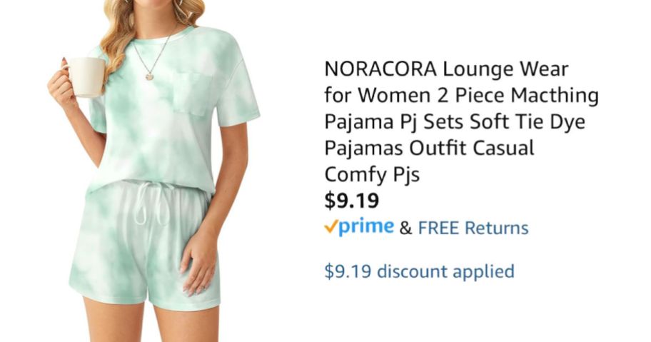 woman wearing tie dyed pajamas next to Amazon pricing information