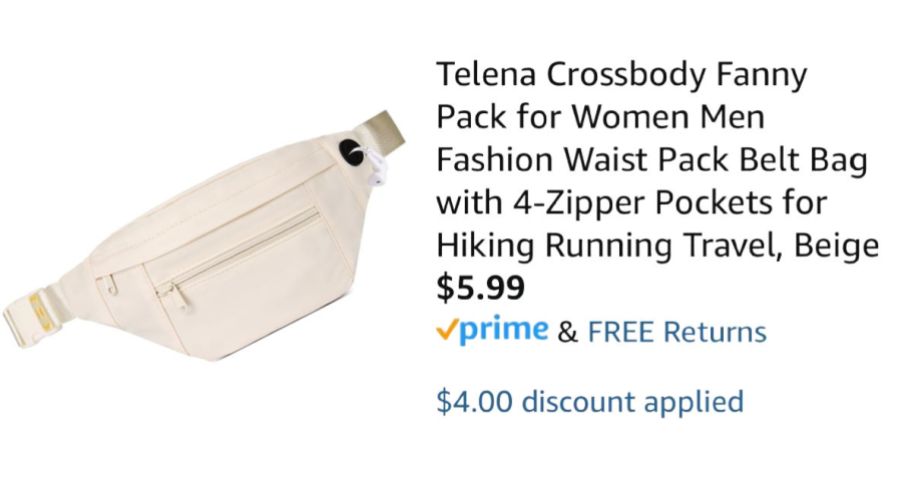 beige belt bag next to Amazon pricing information