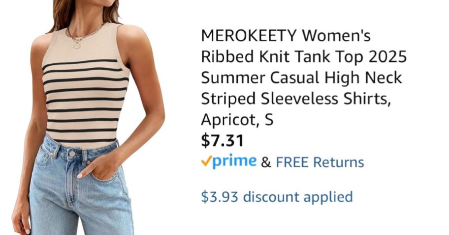 woman wearing striped tank top next to Amazon pricing information