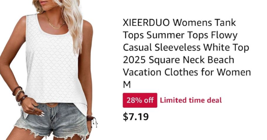 woman wearing white tank top next to Amazon pricing information