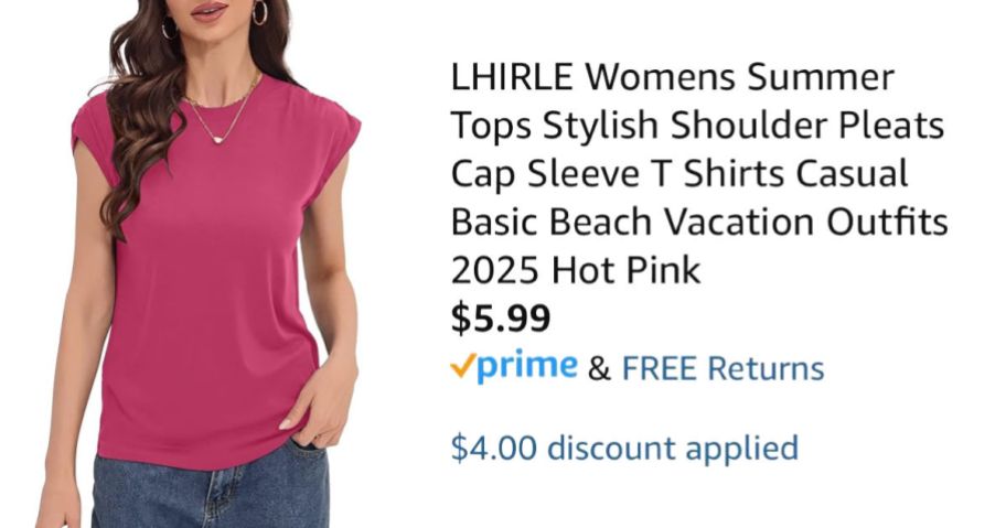 woman wearing pink shirt next to Amazon pricing information